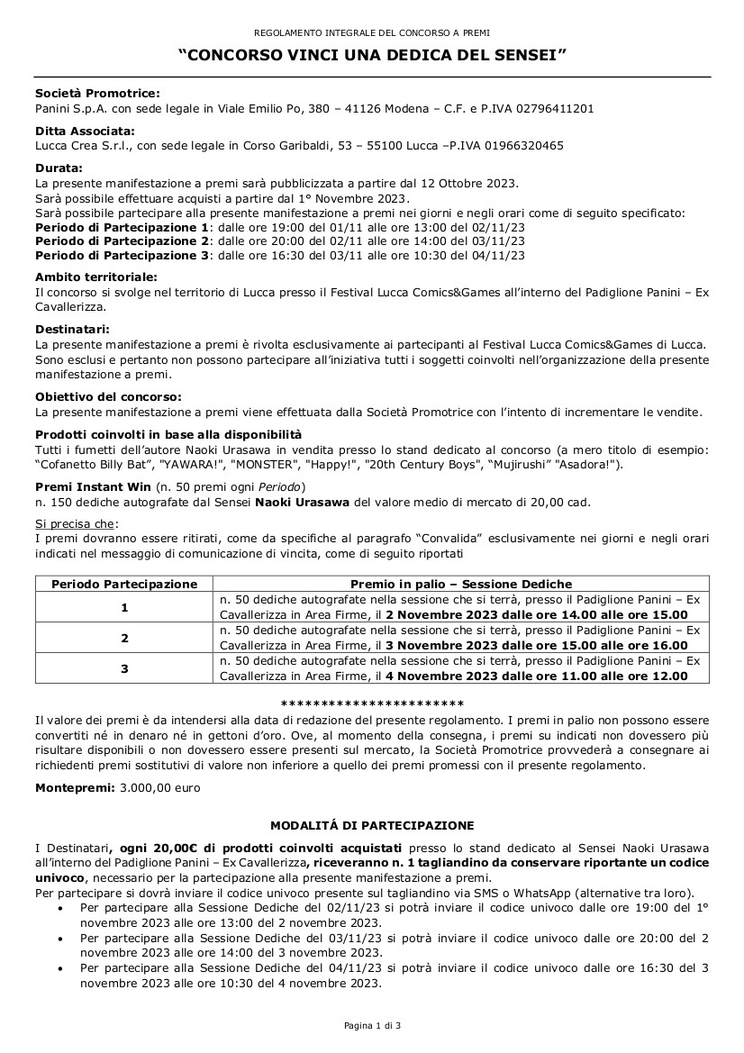 Lucca Comics 2023: regolamento per la dedica di Naoki Urasawa Lucca Comics 2023: regolamento per la dedica di Naoki Urasawa
